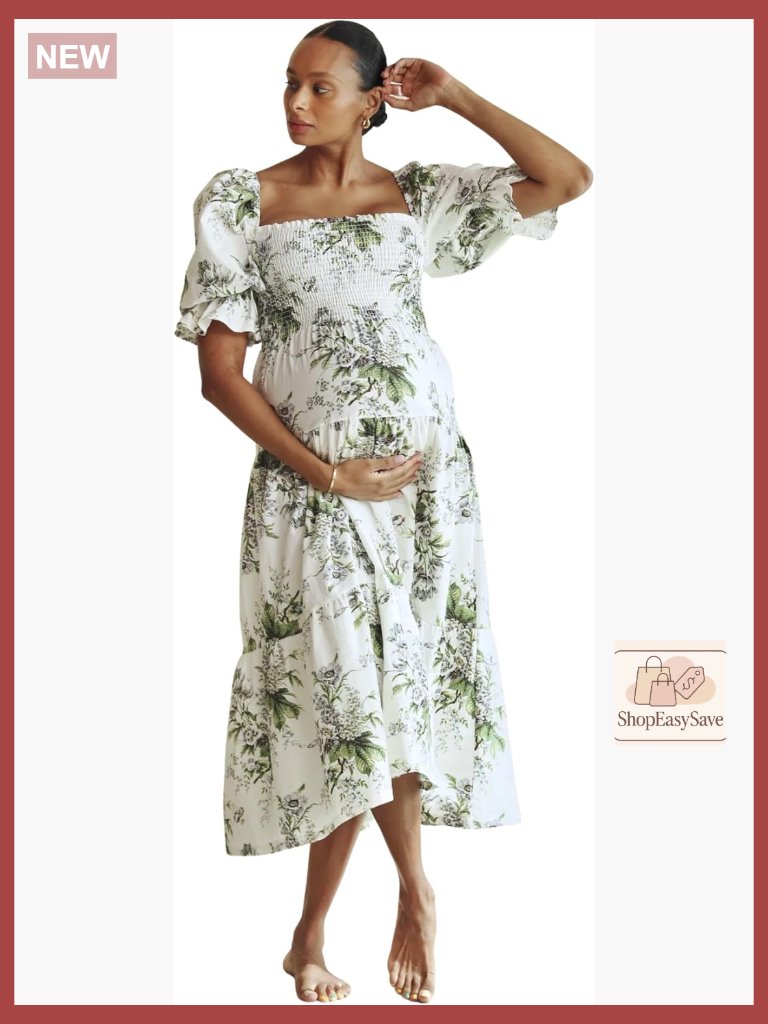 Cotton Linen Maternity Dress Floral Maxi Gown Elegant Casual Versatile Fit
